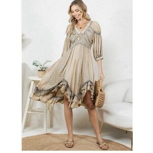 Young Threads Cream Stone Washed Elastic V-neck Midi Dress Cowgirl Boho
